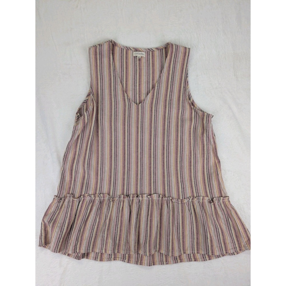 Linen Blend Sleeveless Top Women Size Medium Striped Beach Ruffle Resort Coastal